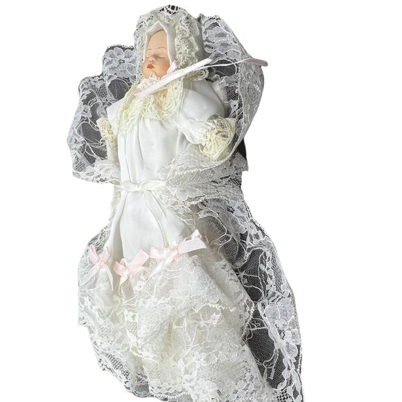 Miniature Porcelain Baby Doll in White Lace Bonnet Collectible Decor - Picture 8 of 9